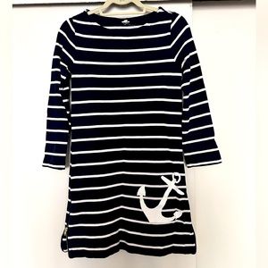 J Crew navy and white striped dress with side zips and anchor on front.